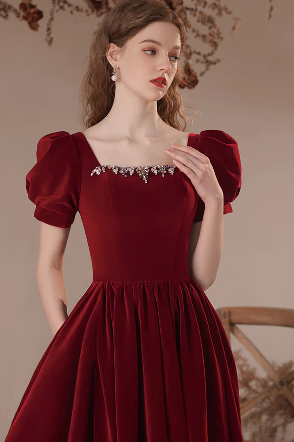 Burgundy Velvet Long Prom Dress Burgundy Short Sleeve Evening Dress