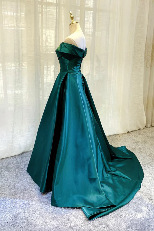 Green Satin Long A-Line Prom Dress Simple Off the Shoulder Evening Dress