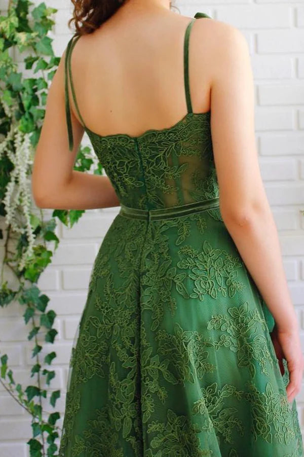 Green Lace Long Formal Evening Dress A-Line Spaghetti Straps Prom Dress
