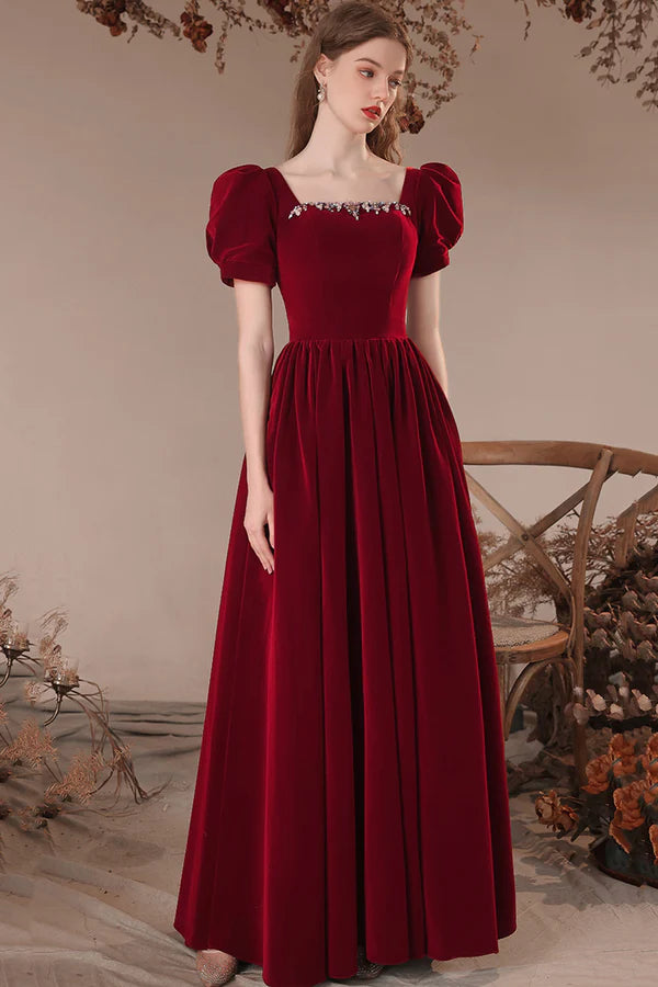 Burgundy Velvet Long Prom Dress Burgundy Short Sleeve Evening Dress