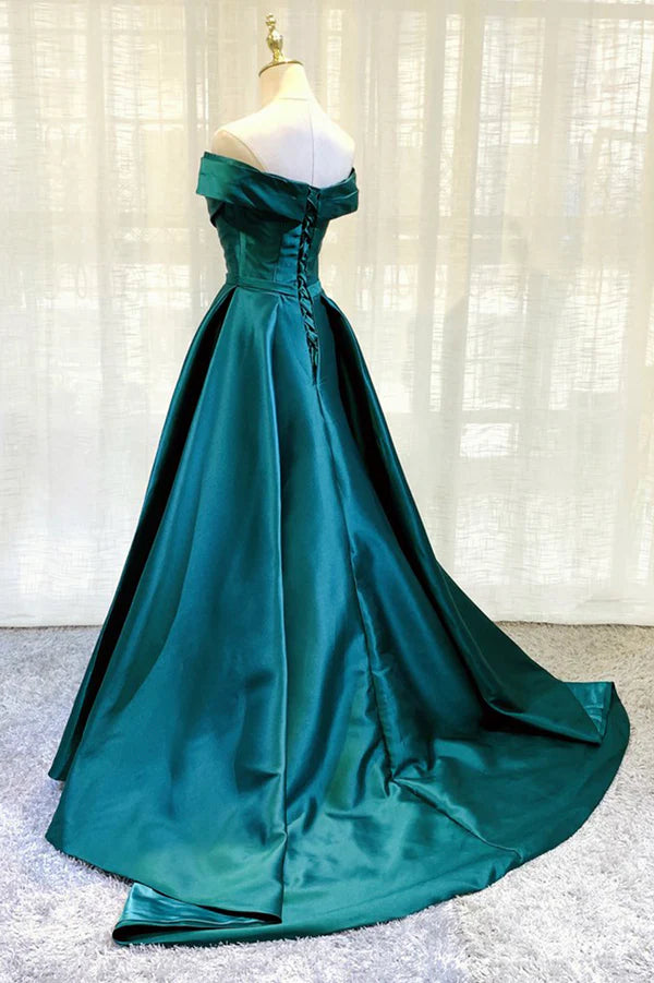 Green Satin Long A-Line Prom Dress Simple Off the Shoulder Evening Dress