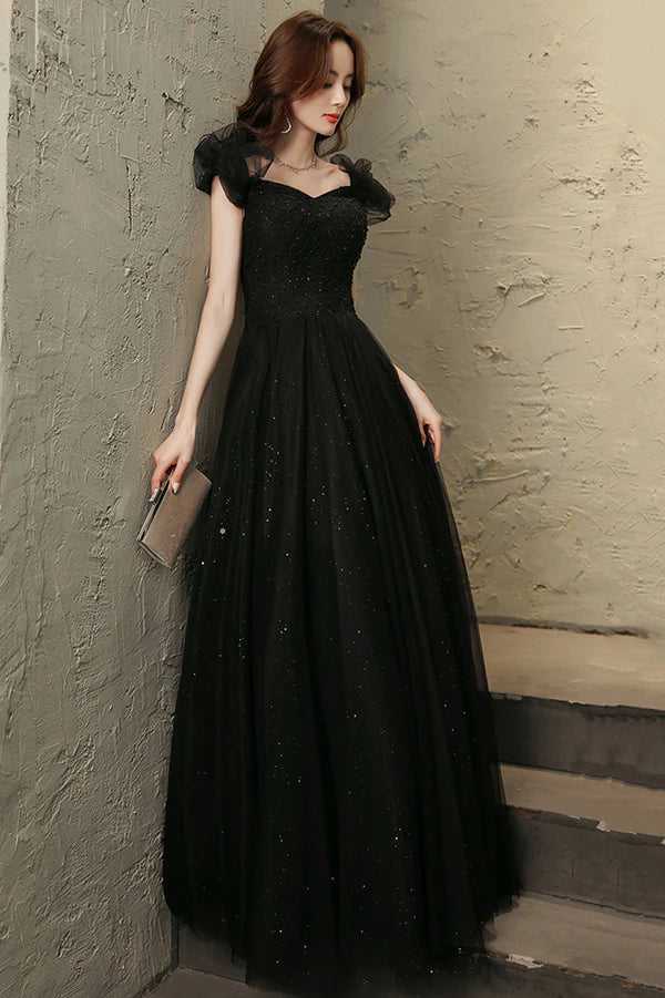 Black Tulle Long Prom Dress with Beaded Black Evening Graduation Dress