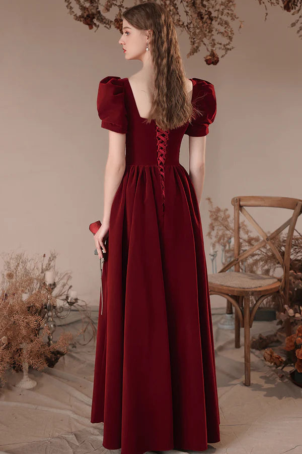 Burgundy Velvet Long Prom Dress Burgundy Short Sleeve Evening Dress