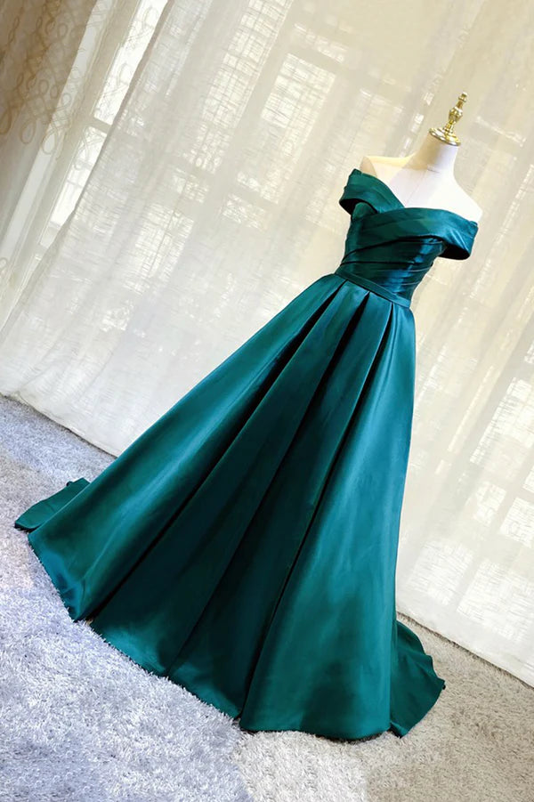 Green Satin Long A-Line Prom Dress Simple Off the Shoulder Evening Dress