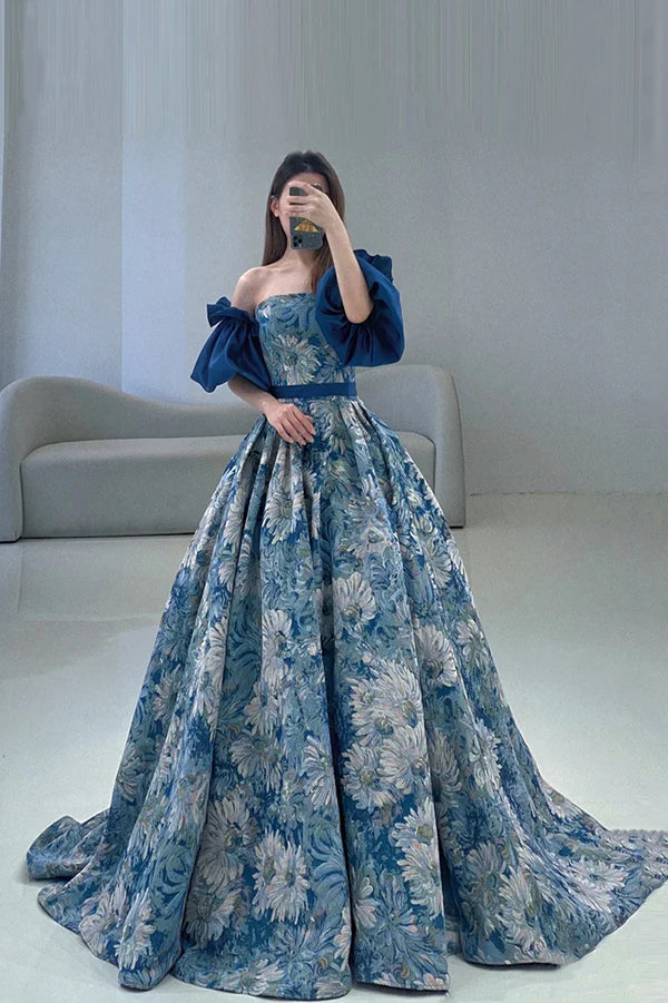 Blue Floral Pattern Long Senior Prom Dress Off the Shoulder Evening Party Dress