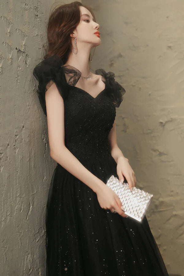 Black Tulle Long Prom Dress with Beaded Black Evening Graduation Dress