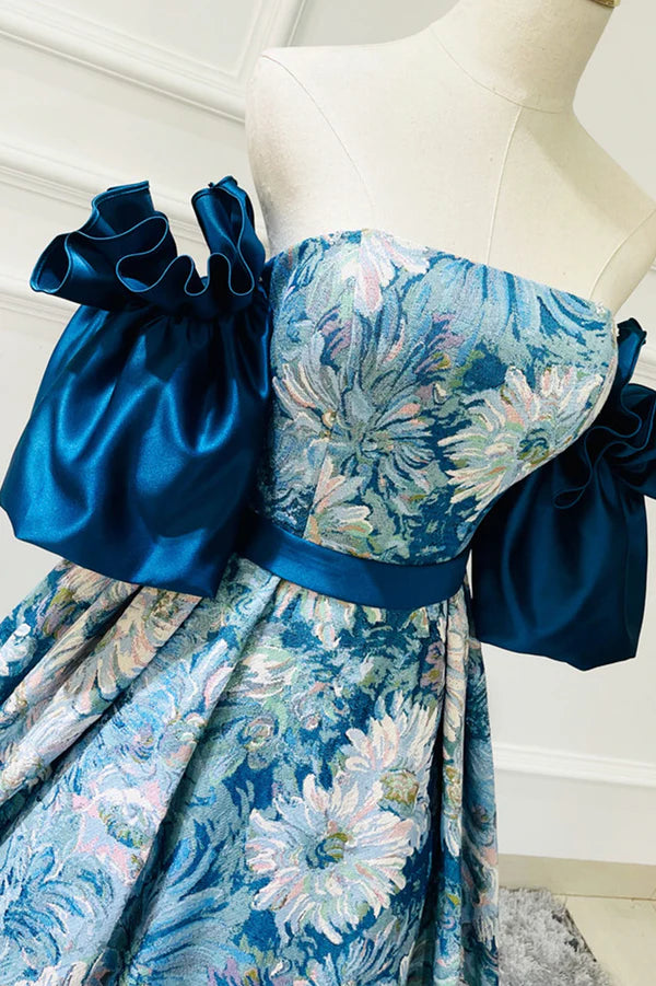 Blue Floral Pattern Long Senior Prom Dress Off the Shoulder Evening Party Dress