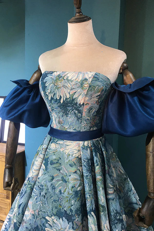 Blue Floral Pattern Long Senior Prom Dress Off the Shoulder Evening Party Dress