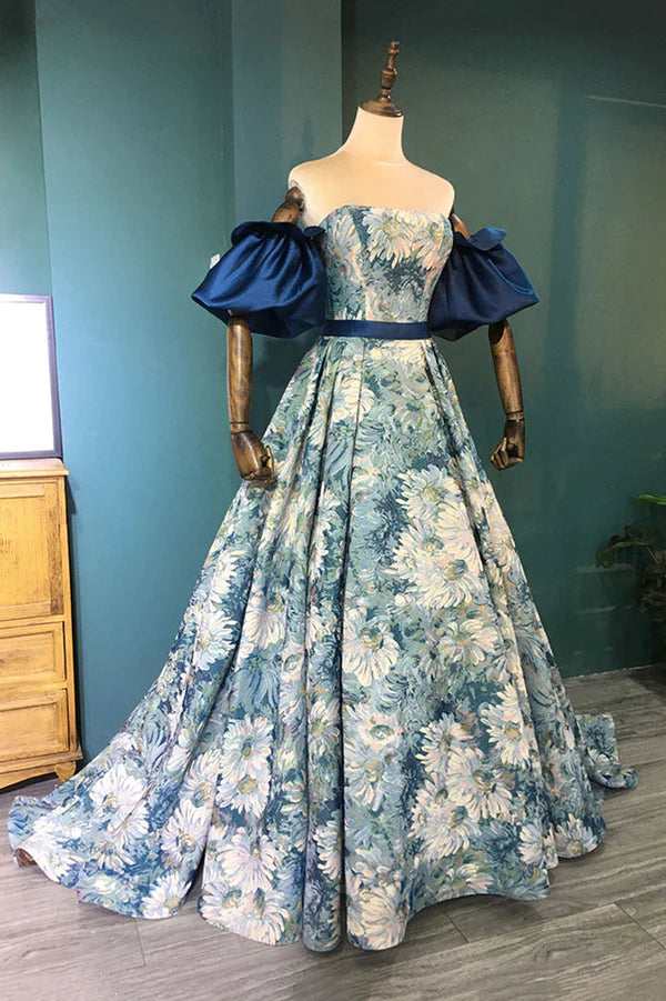 Blue Floral Pattern Long Senior Prom Dress Off the Shoulder Evening Party Dress