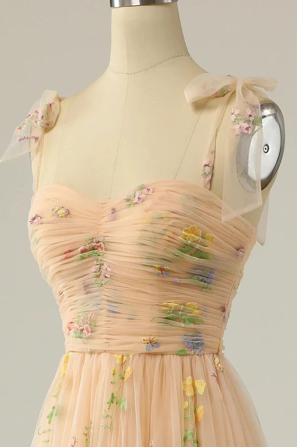 Champagne Tulle Lace Floor Length Prom Dress A-Line Spaghetti Straps Evening Dress