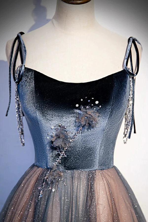 Blue Tulle Spaghetti Strap Long Prom Dress A-Line Lace-Up Evening Dress