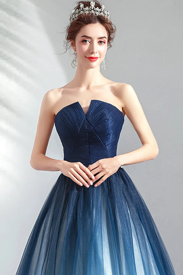 Blue Gradient Tulle Strapless Long A-Line Prom Dress Blue Evening Party Dress