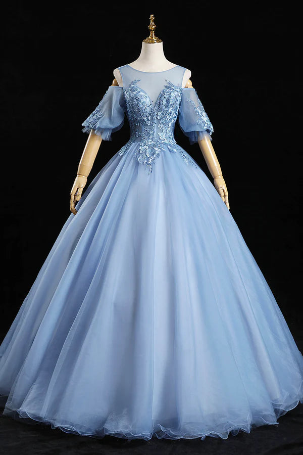 Blue Lace Long A-Line Ball Gown Blue Formal Party Dress