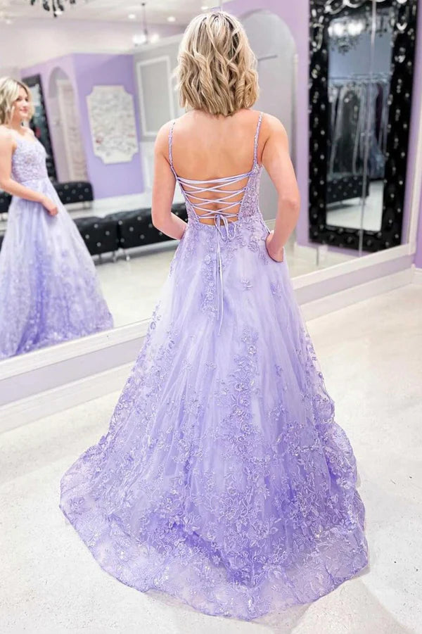 Purple Lace Long Formal Evening Dress A-Line Backless Party Dress