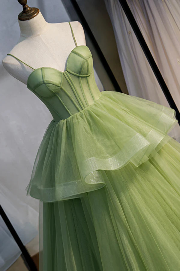 Green Sweetheart Tulle Long Prom Dress Beautiful A-Line Evening Graduation Dress