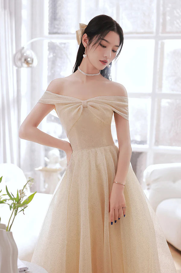 Champagne Tulle Long A-Line Prom Dress Champagne Off the Shoulder Evening Dress