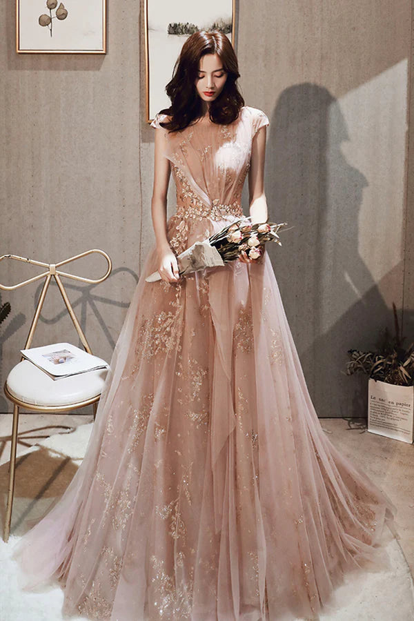 A-Line Tulle Long Prom Dress with Sequins Cute Evening Party Dress