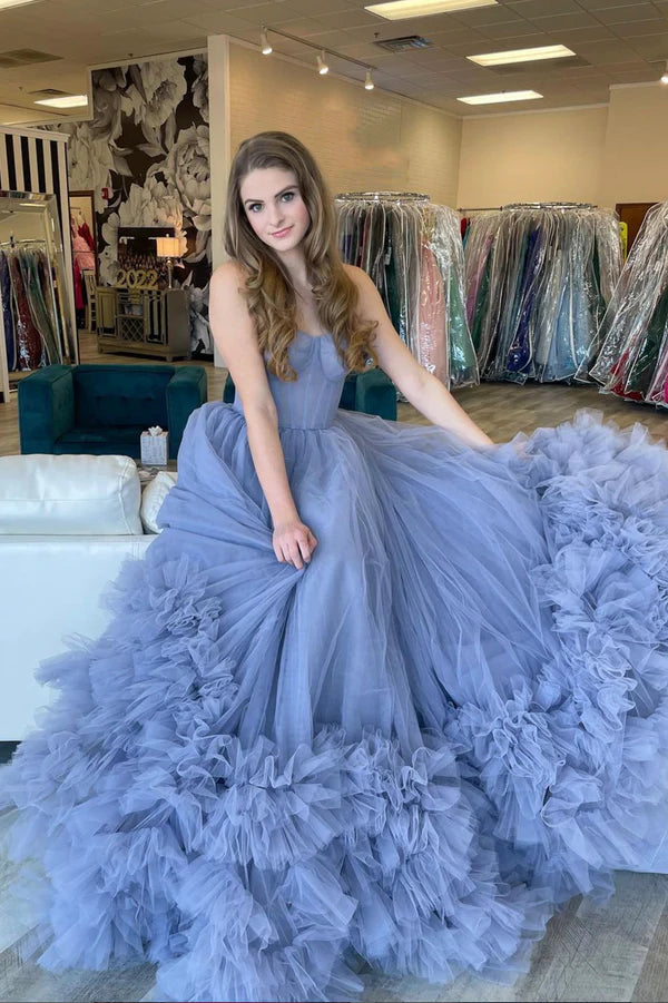Blue Strapless Tulle Long Prom Dress A-Line Evening Party Dress