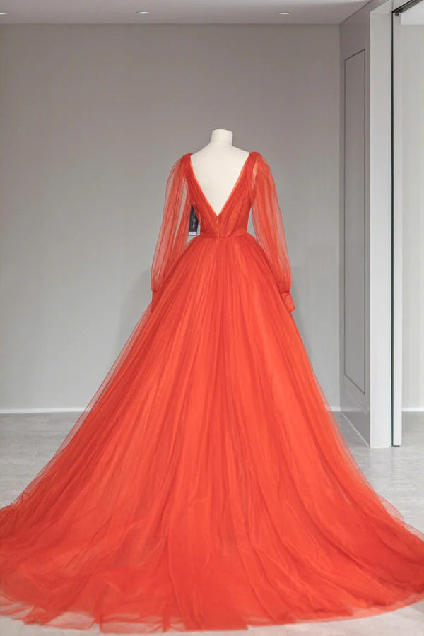 Plunging V-Neck Tulle Floor Length Formal Dress Orange Long Sleeve Prom Dress