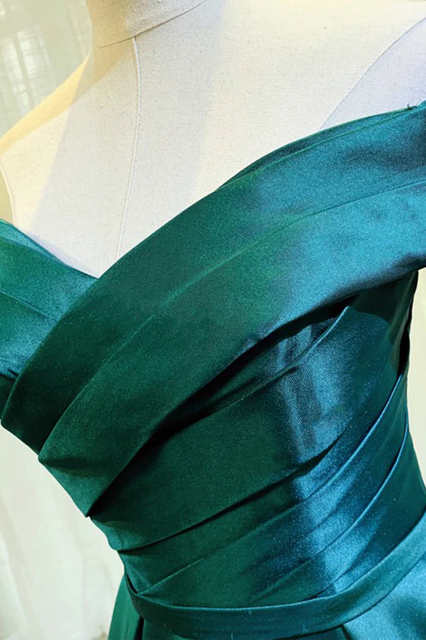 Green Satin Long A-Line Prom Dress Simple Off the Shoulder Evening Dress
