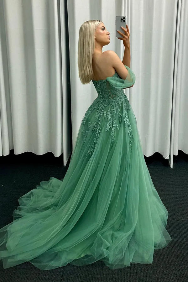 A-Line Tulle Lace Long Prom Dress Green Off the Shoulder Evening Party Dress
