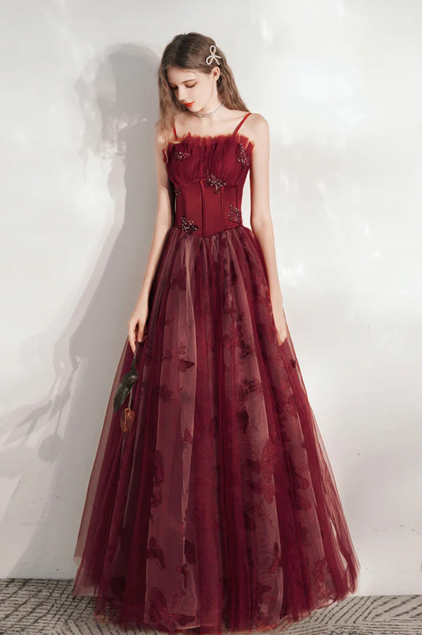 Burgundy Spaghetti Strap Tulle Long Prom Dress Lovely A-Line Prom Dress