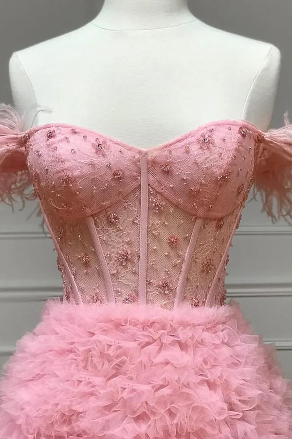 Pink Tulle Long A-Line Prom Dress Pink Sweetheart Neckline Evening Gown