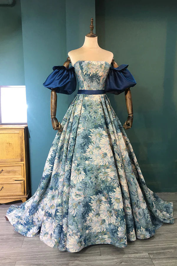 Blue Floral Pattern Long Senior Prom Dress Off the Shoulder Evening Party Dress