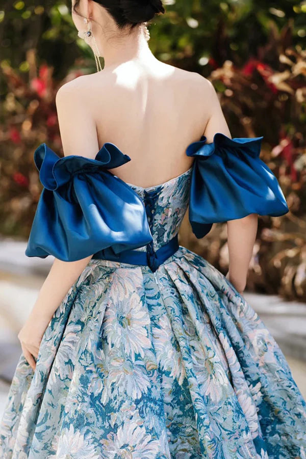 Blue Floral Pattern Long Senior Prom Dress Off the Shoulder Evening Party Dress