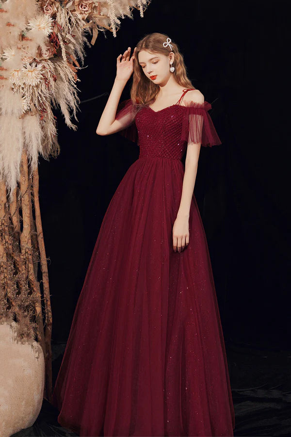 Spaghetti Straps Tulle Long Prom Dress with Beaded Burgundy A-Line Party Dress