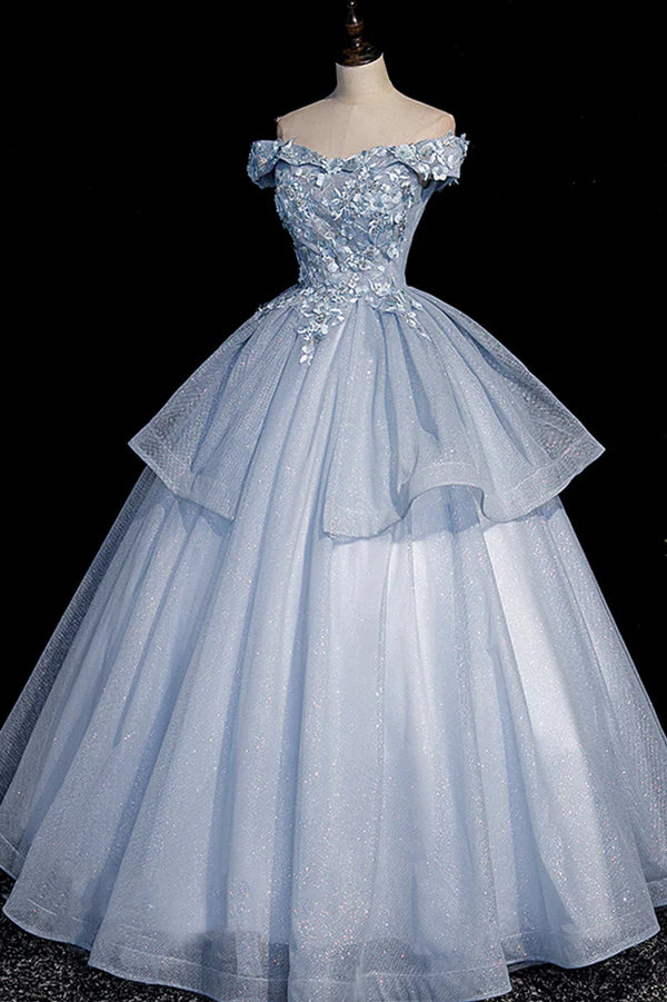 Beautiful Ball Gown Blue Tulle Lace Long Party Dress Off the Shoulder Evening Dress