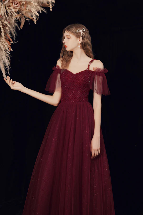 Spaghetti Straps Tulle Long Prom Dress with Beaded Burgundy A-Line Party Dress