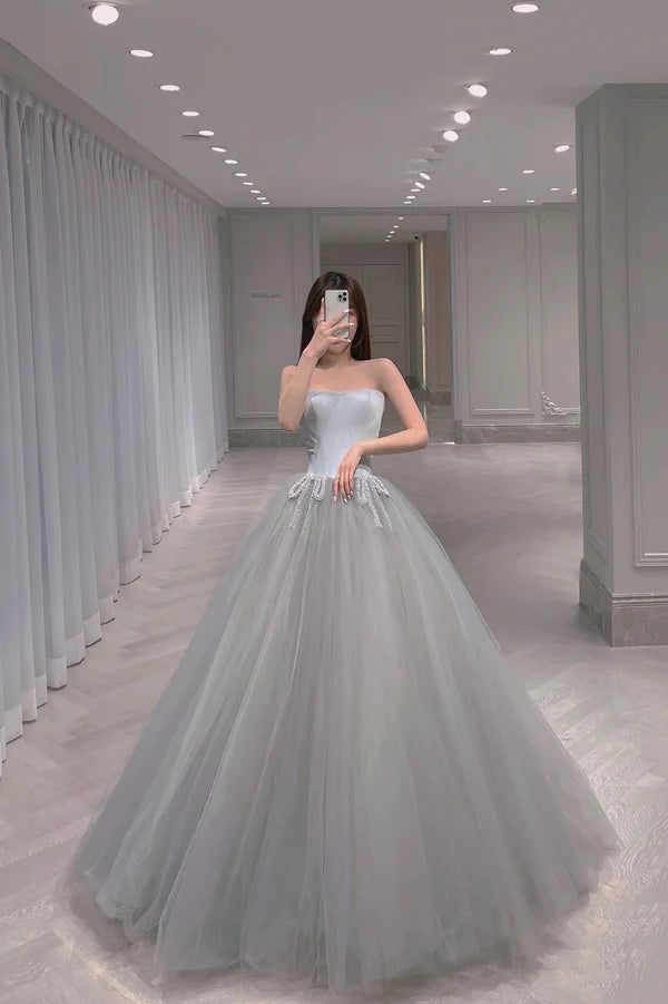 Gray Tulle Long A-Line Prom Dress Cute Strapless Evening Party Dress