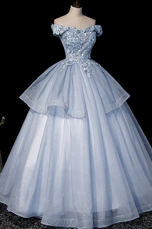 Beautiful Ball Gown Blue Tulle Lace Long Party Dress Off the Shoulder Evening Dress