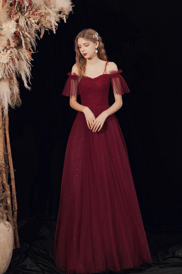 Spaghetti Straps Tulle Long Prom Dress with Beaded Burgundy A-Line Party Dress