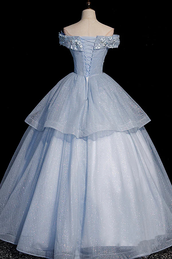 Beautiful Ball Gown Blue Tulle Lace Long Party Dress Off the Shoulder Evening Dress