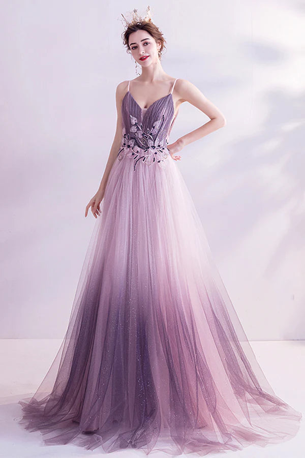 Purple V-Neck Gradient Tulle Long Prom Dress A-Line Evening Party Dress