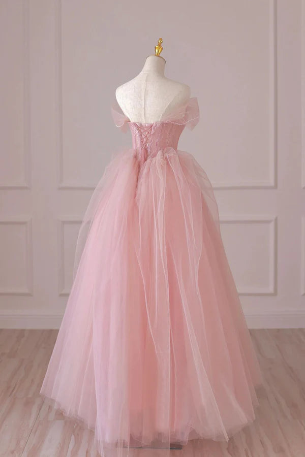 Pink Tulle Lace Long Formal Dress A-Line Off Shoulder Pink Prom Dress