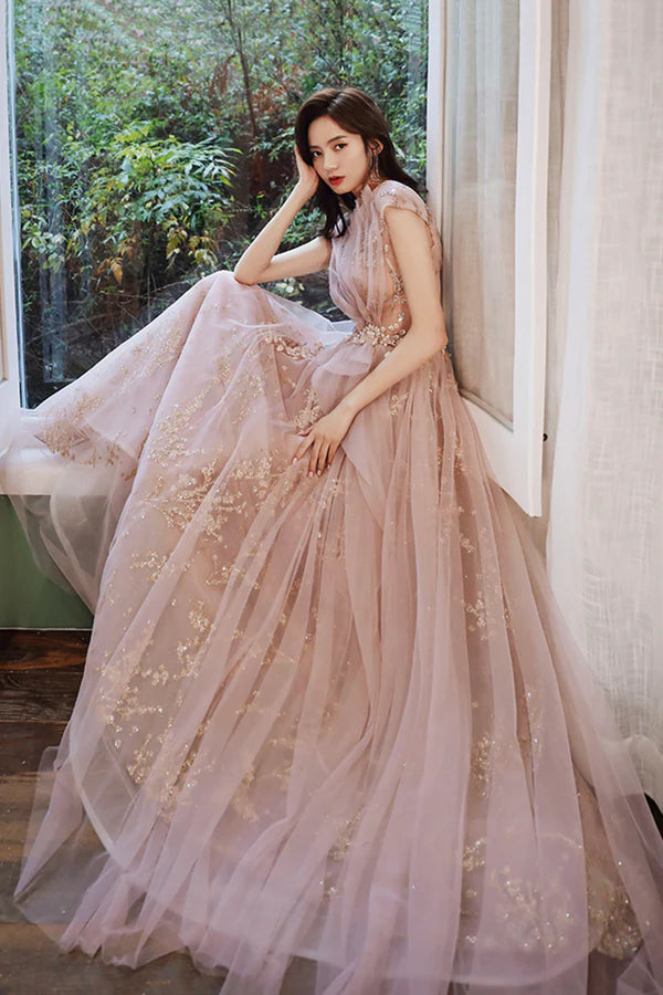 A-Line Tulle Long Prom Dress with Sequins Cute Evening Party Dress