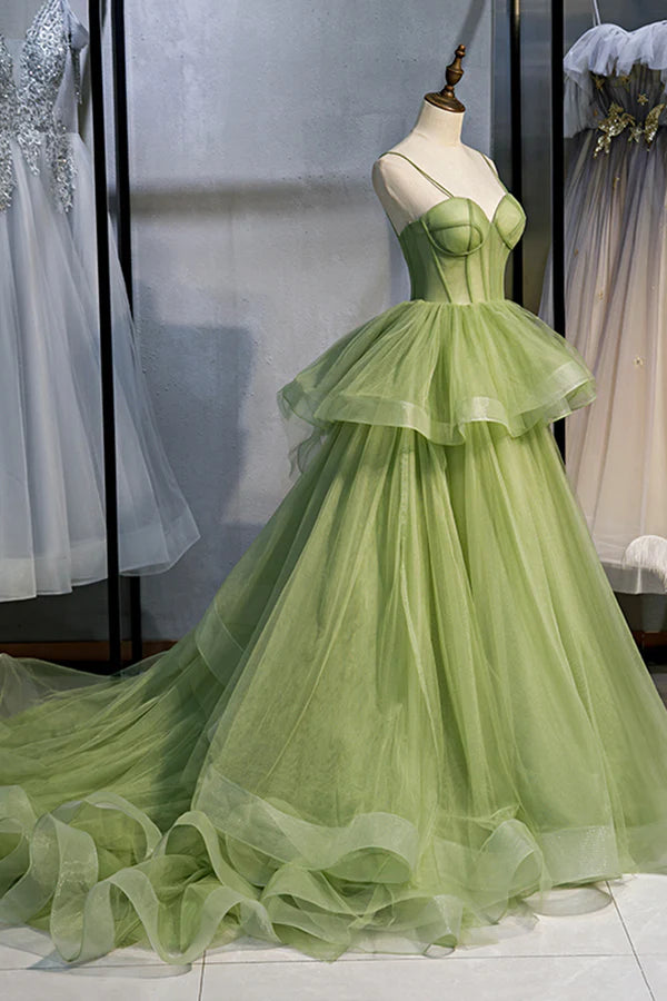 Green Sweetheart Tulle Long Prom Dress Beautiful A-Line Evening Graduation Dress