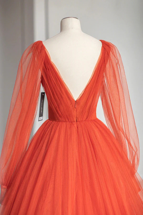 Plunging V-Neck Tulle Floor Length Formal Dress Orange Long Sleeve Prom Dress
