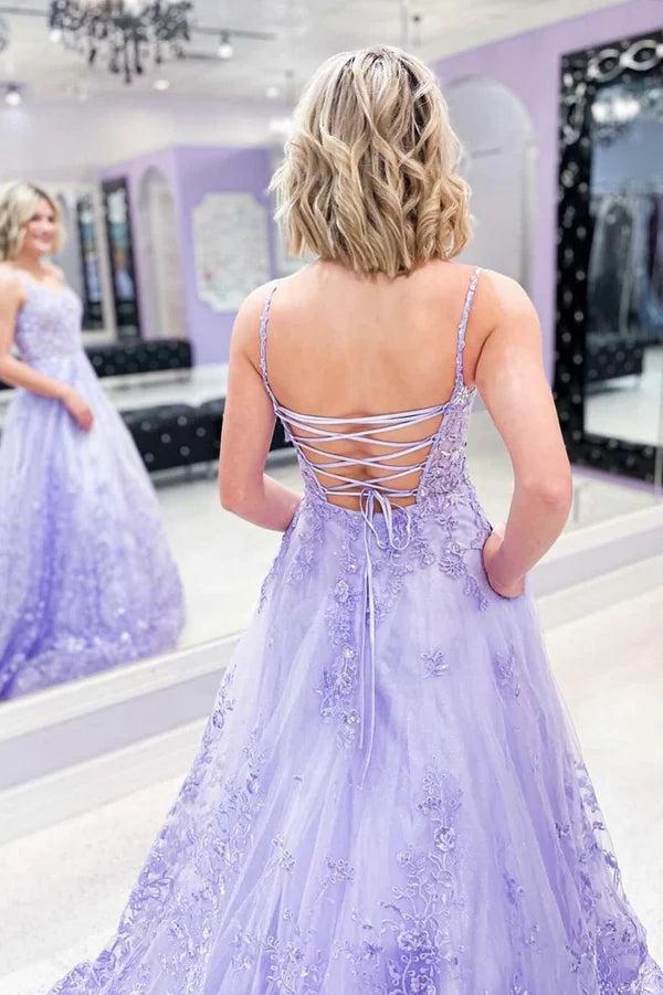Purple Lace Long Formal Evening Dress A-Line Backless Party Dress