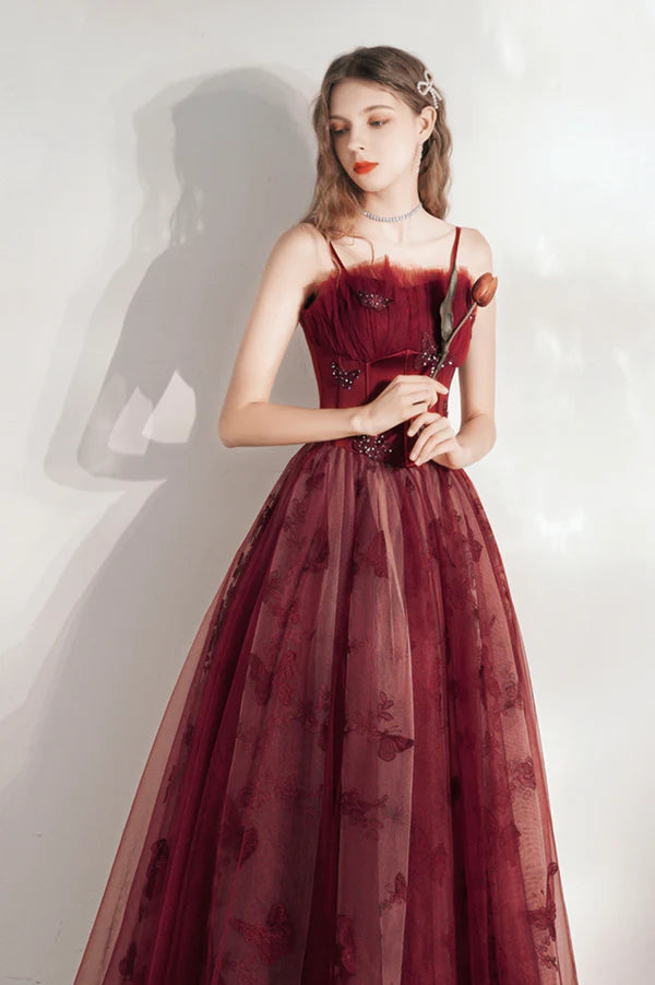 Burgundy Spaghetti Strap Tulle Long Prom Dress Lovely A-Line Prom Dress