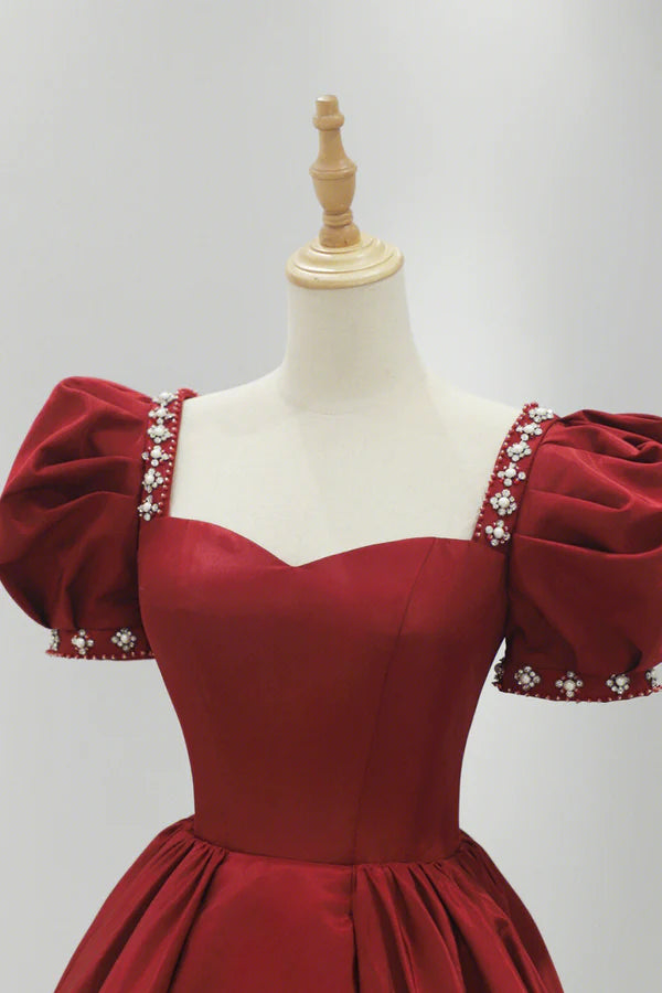 Burgundy Satin Long Prom Dress A-Line Short Sleeve Evening Dress