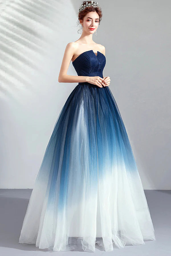 Blue Gradient Tulle Strapless Long A-Line Prom Dress Blue Evening Party Dress