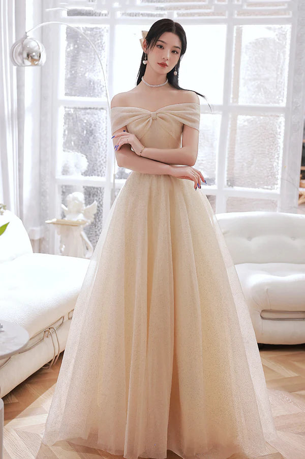 Champagne Tulle Long A-Line Prom Dress Champagne Off the Shoulder Evening Dress