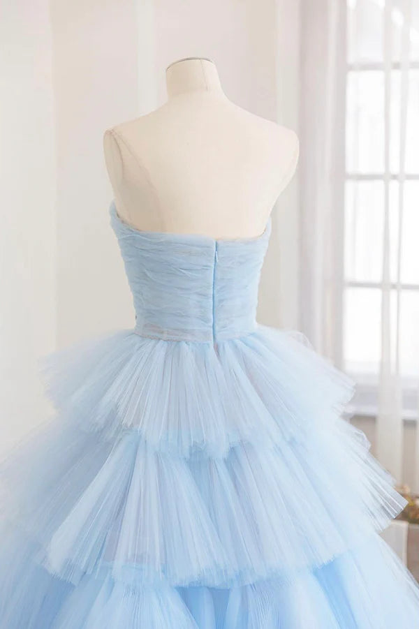 Blue Strapless Tulle Layers Long Prom Dress Beautiful A-Line Evening Dress