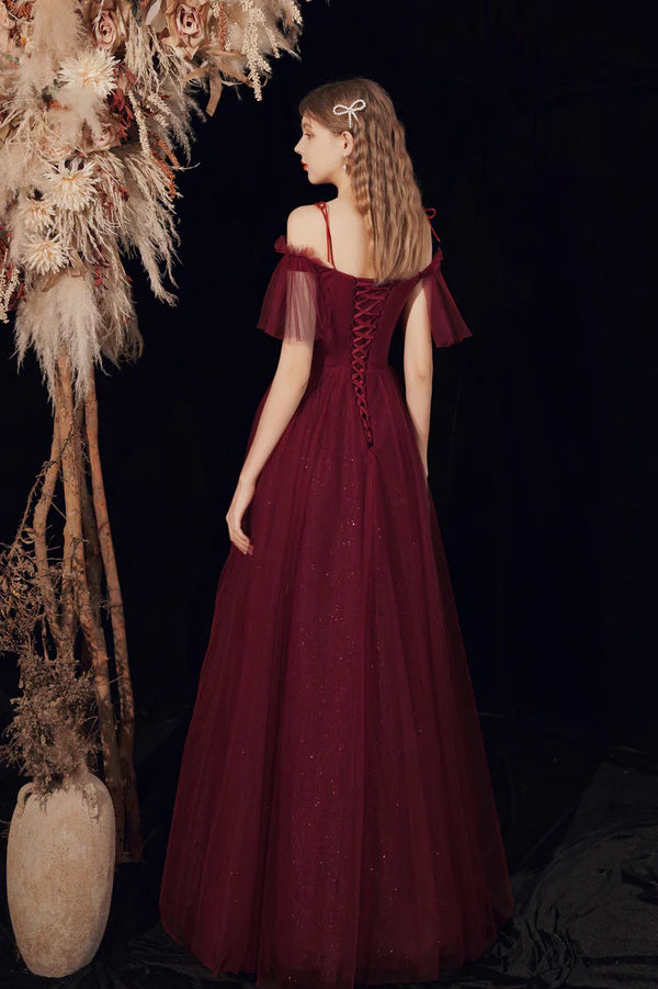 Spaghetti Straps Tulle Long Prom Dress with Beaded Burgundy A-Line Party Dress