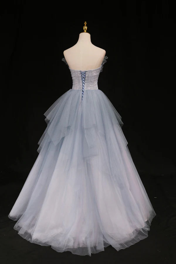 Blue Tulle A-Line Strapless Long Prom Dress Blue Evening Party Dress
