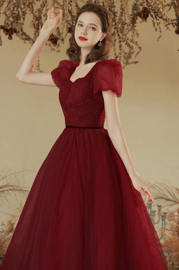 Burgundy Tulle Long A-line Prom Dress Cute Short Sleeve Evening Party Dress